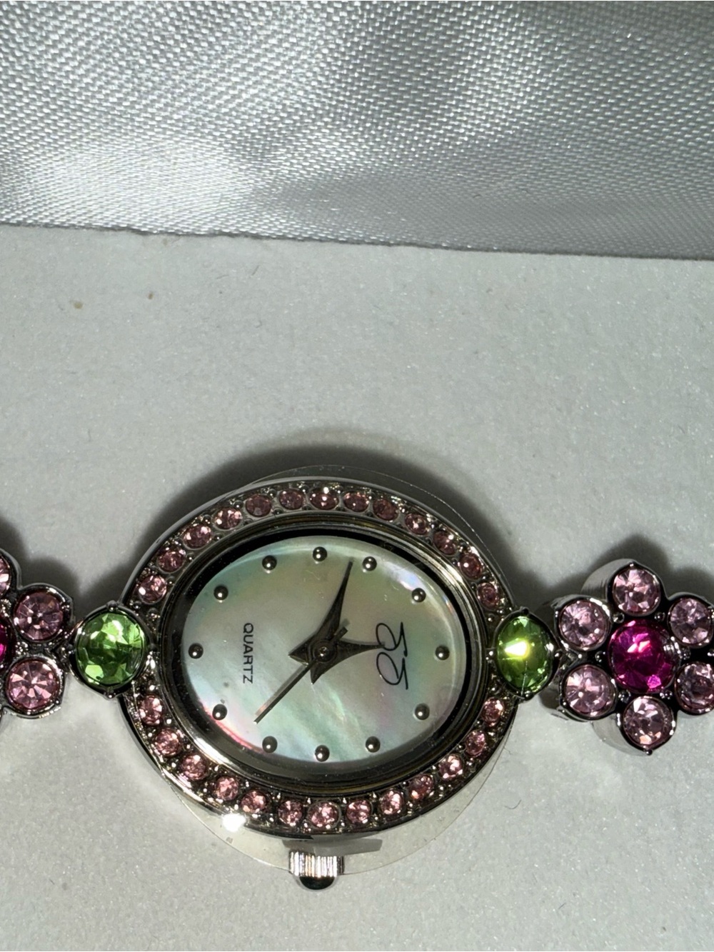 Suzanne Somers Silver-Tone Watch with Pink and Green Crystals